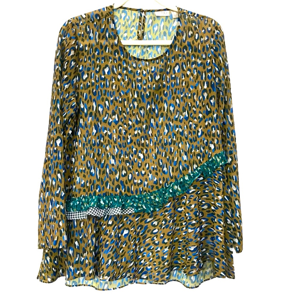 Logo Lori Goldstein Sheer Flowy Mustard Blue Teal Black Leopard Ruffle top M EUC
